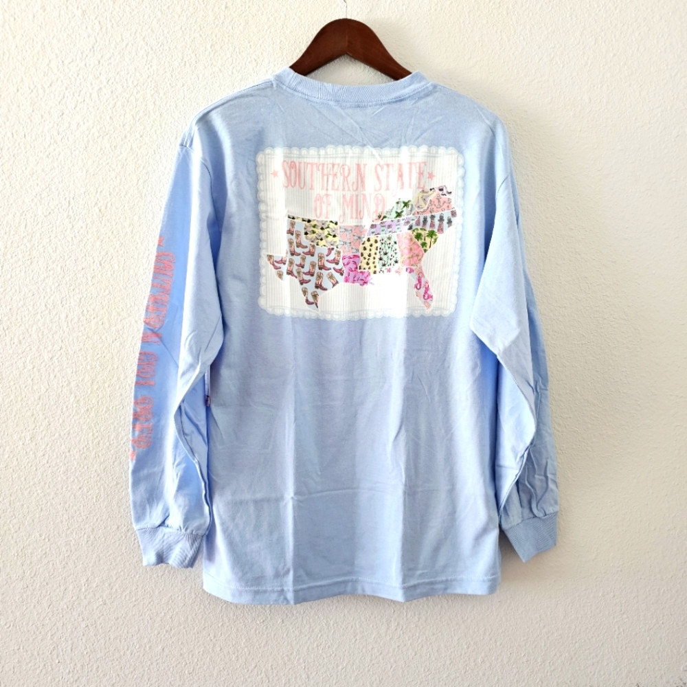 Southern Girl Prep Southern State of Mind long sleeve top size M light blue NWT